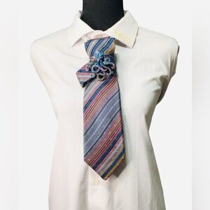 Striped Multicolor Necktie with Blue Octopus Brooch